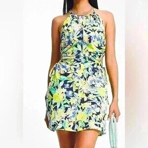 Floral Halter Neck Mini Dress Cutout Waist Tie Detail